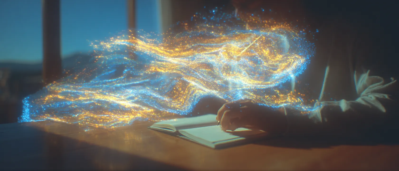 Hands writing in a notebook lit by streaks of light