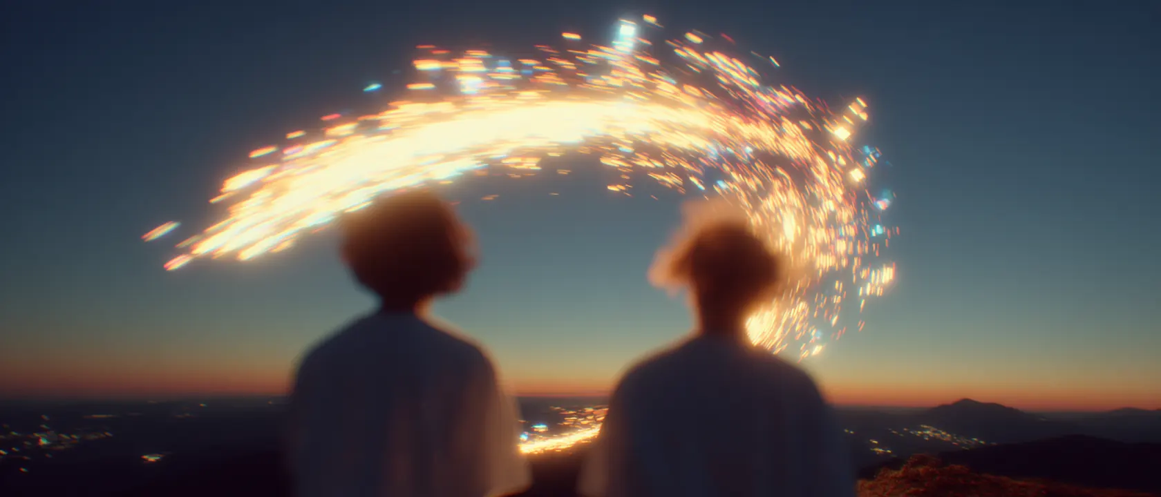 Two people watching city lights at dusk