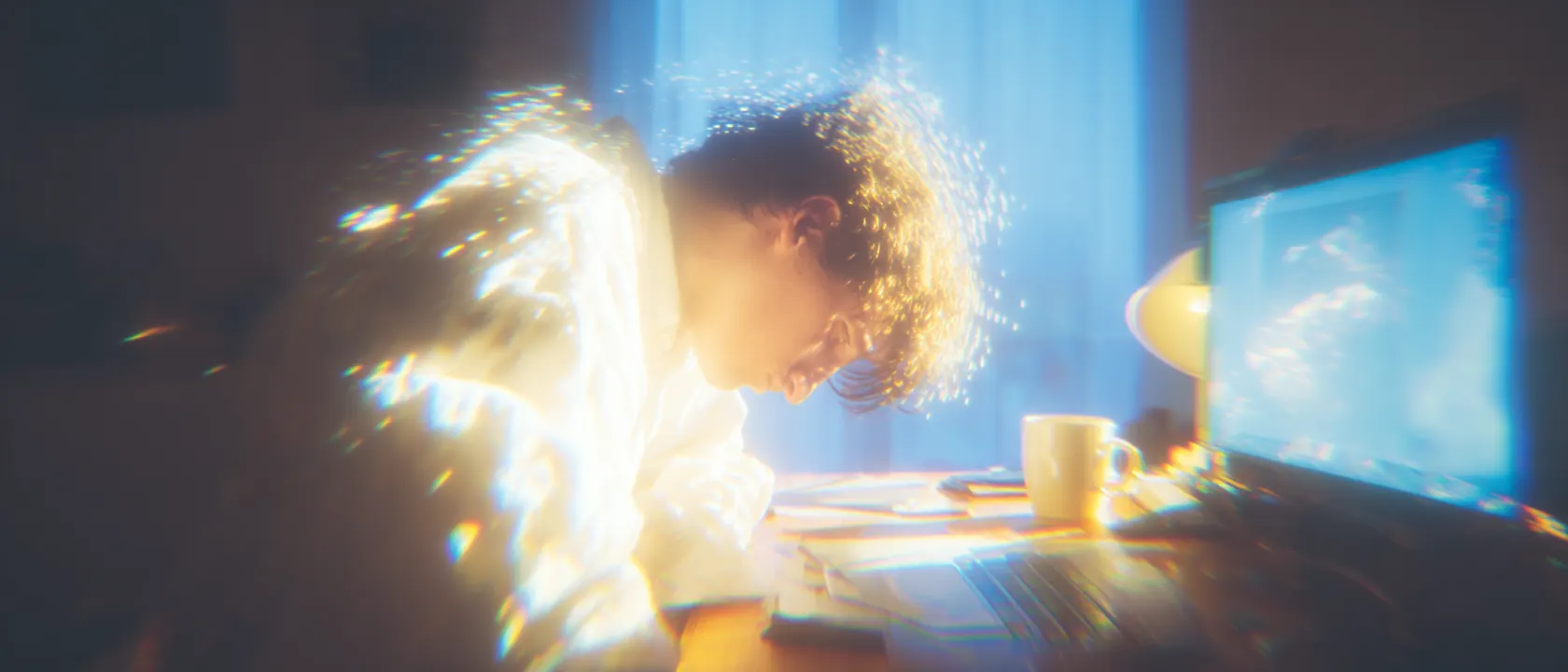 A person bent over a desk in streaming morning light