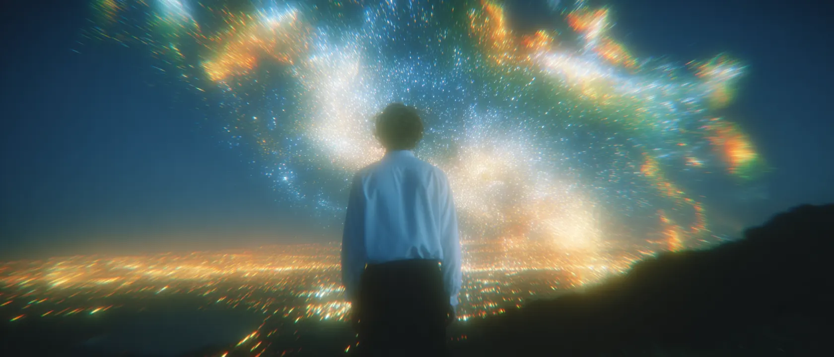 A person standing before a sky of scattered light